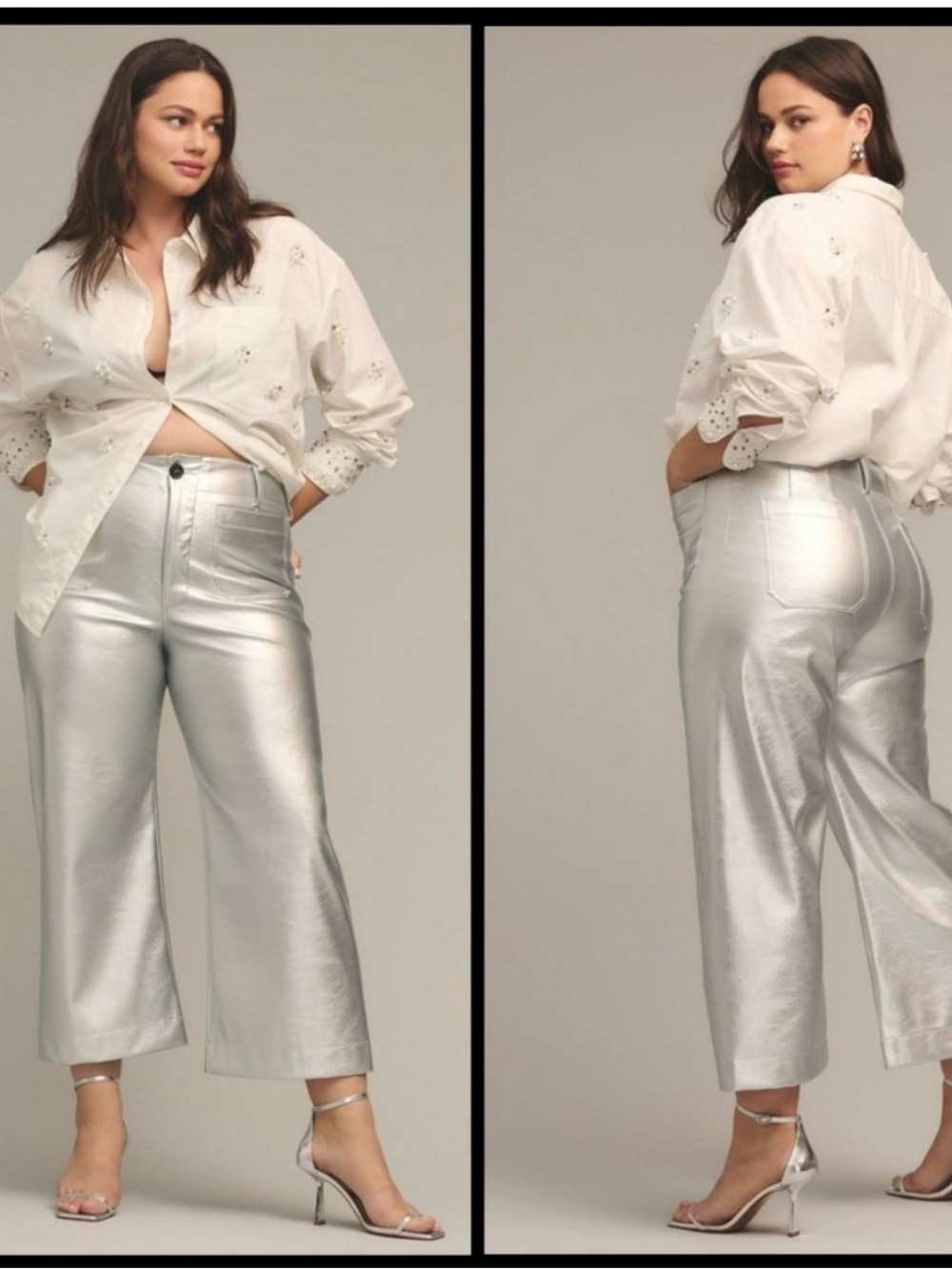 Anthropologie Maeve Silver Cropped Wide-Leg Metallic Pants 18W